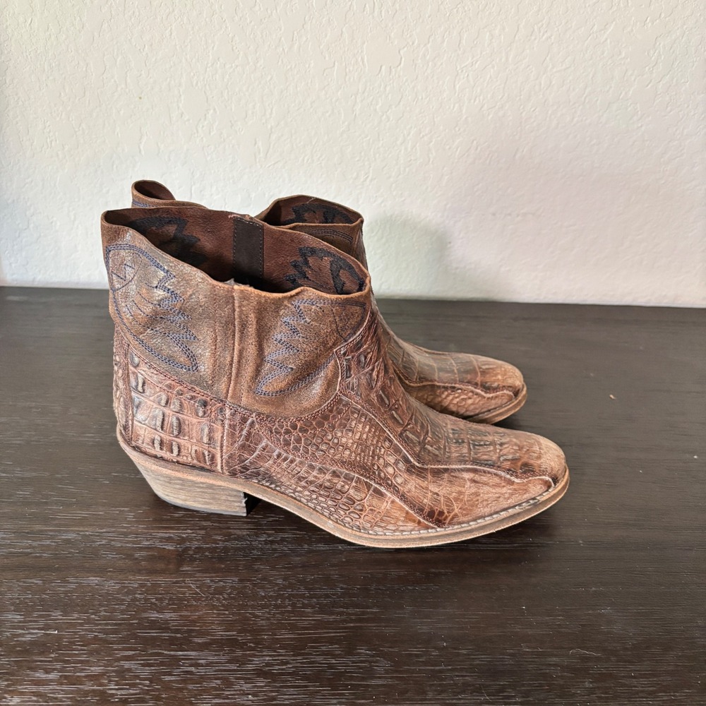 Free People Ankle Boots Dorado 38 Croc Embossed Leather Brown Western Boho